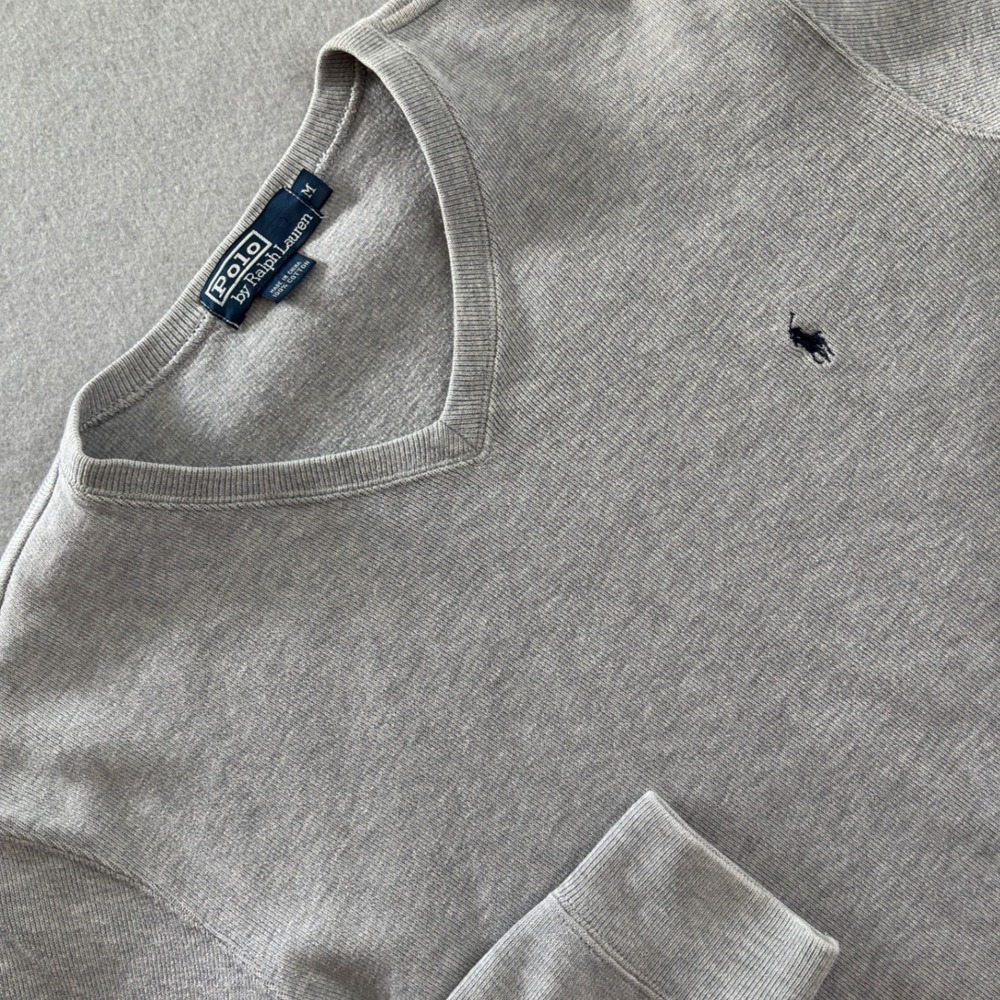 Polo Ralph Lauren Mens V-Neck Sweater Gray Cotton Ribbed Knit Pony Logo Size M - Picture 2 of 8